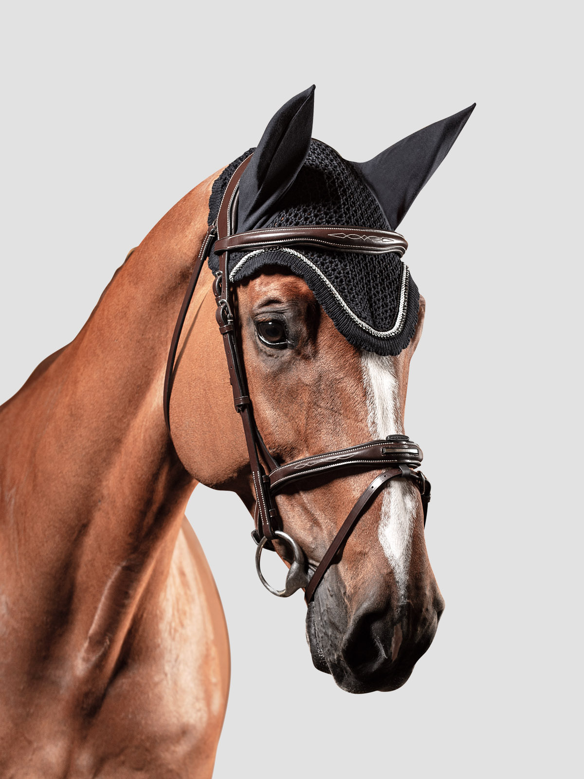 Equiline RIO ear bonnet with piping and rhinestone trim in black