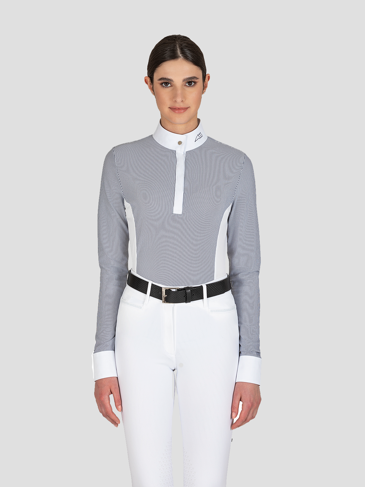 Eliciae Long Sleeve Women's Pinstripe Show Shirt - front view