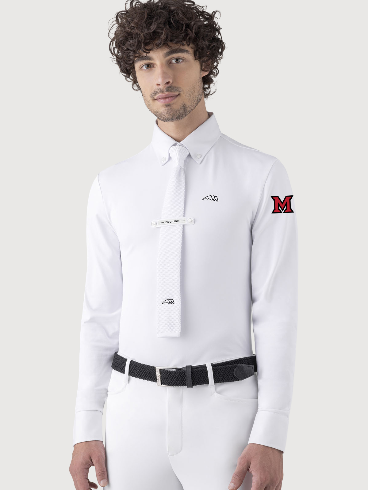 Equiline Miami University Men’s Equestrian Show Shirt in white, front view