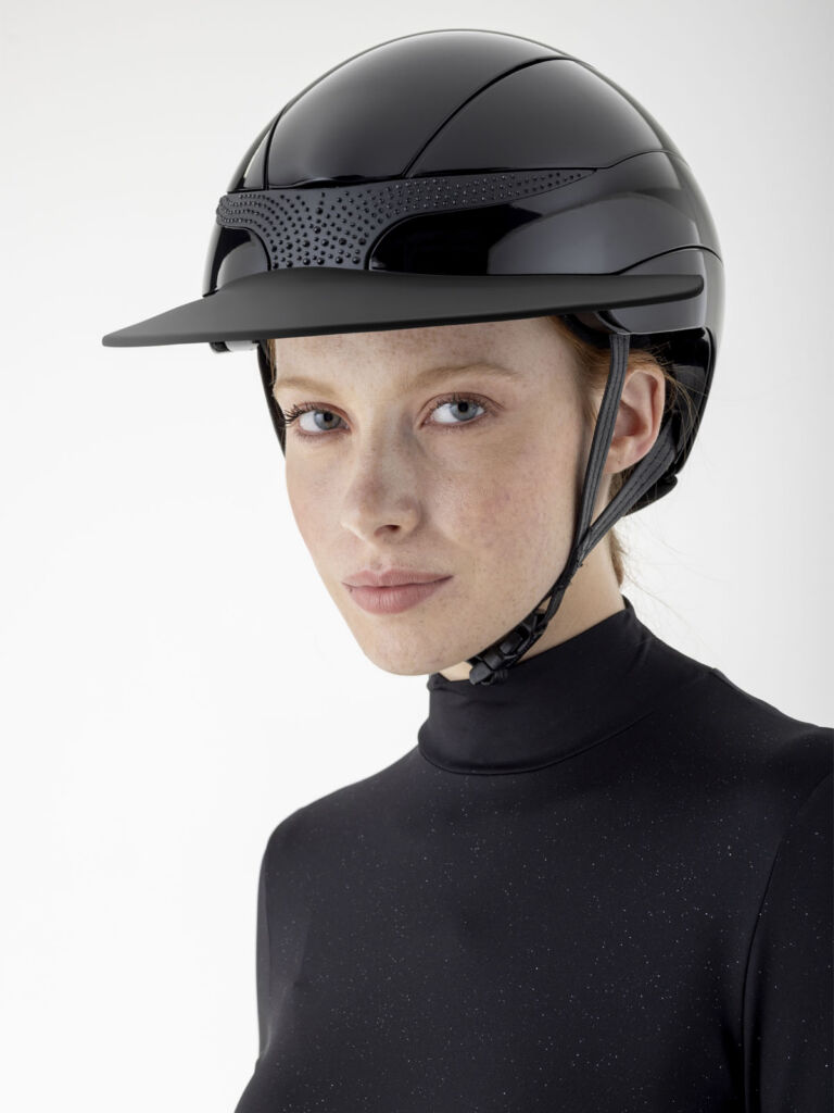 Equiline XANTO Strass Horse riding Helmet with Swarovski Top - Standard Visor, in glossy black, front view on model's head
