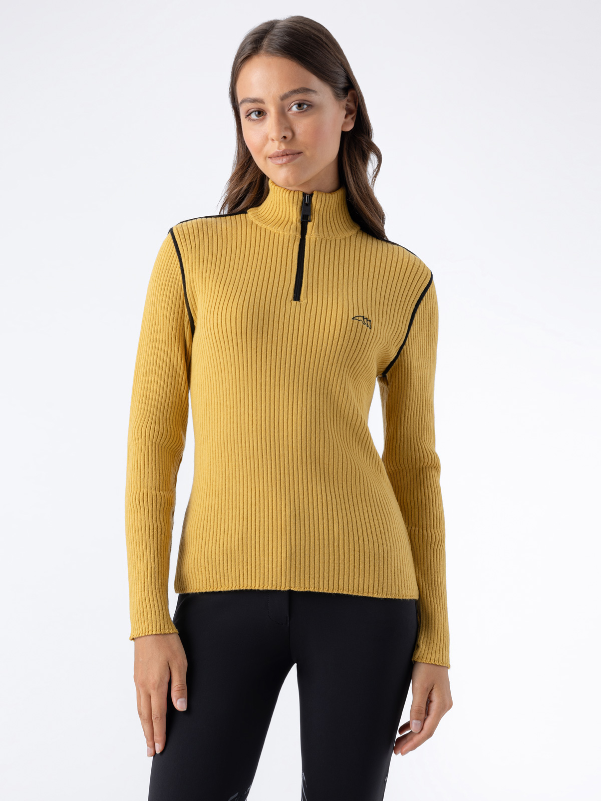 Equiline EQCLIP - Women's Quarter Zip Ribbed Fabric Knit Sweater in yellow, front view