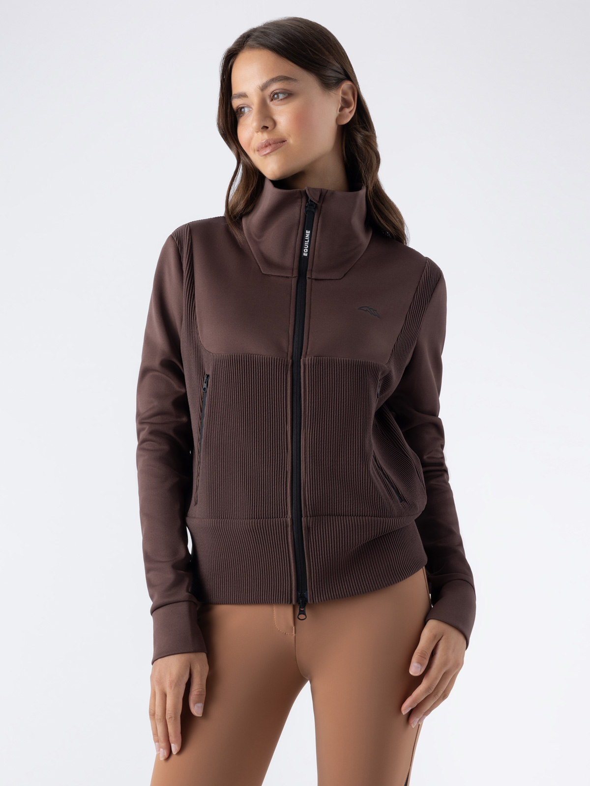 Equiline EQEMBRES - Women's Corduroy and Softshell Jacket, in brown color, front view