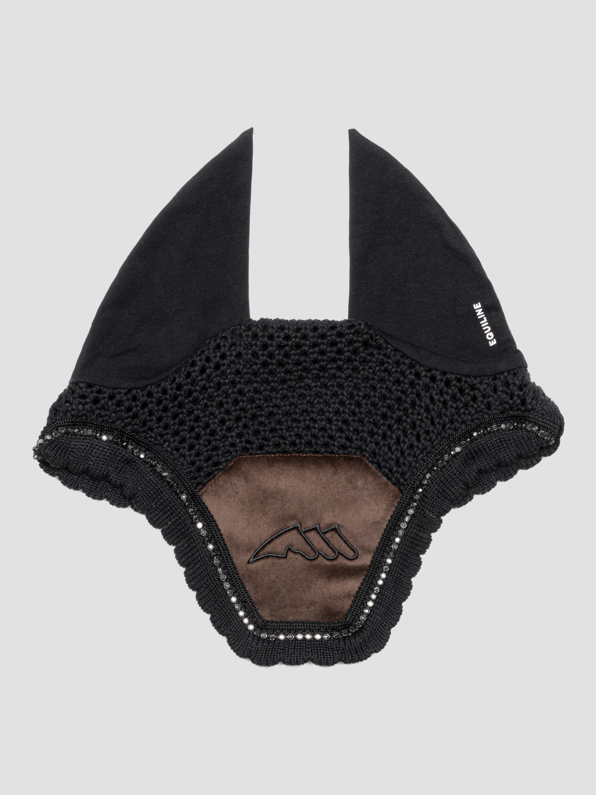 Equiline EQENTI - Velvet and Rhinestone Ear Bonnet, in black and brown colors, front view