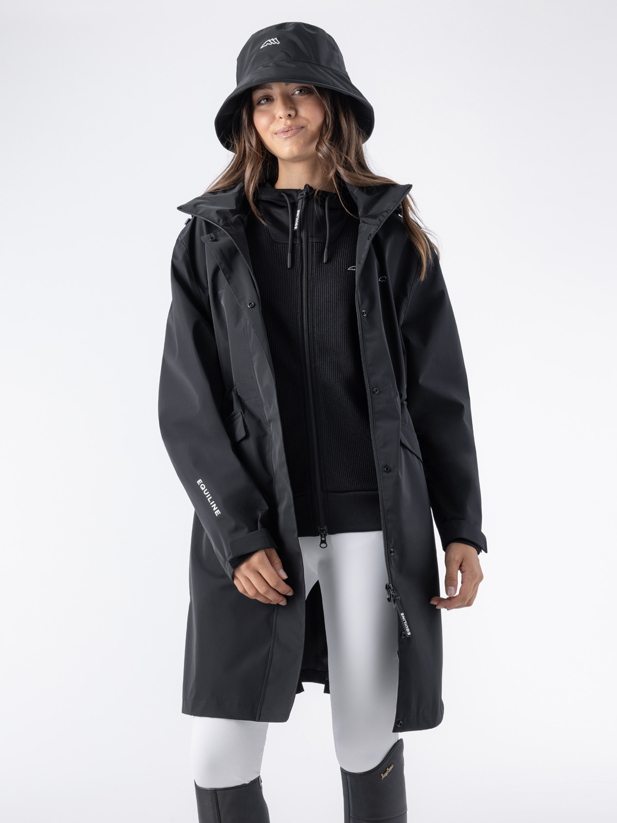 Equiline EQEXTRE - Women's 3/4 Length Waterproof Rain Coat, in black, front view with zipper opened