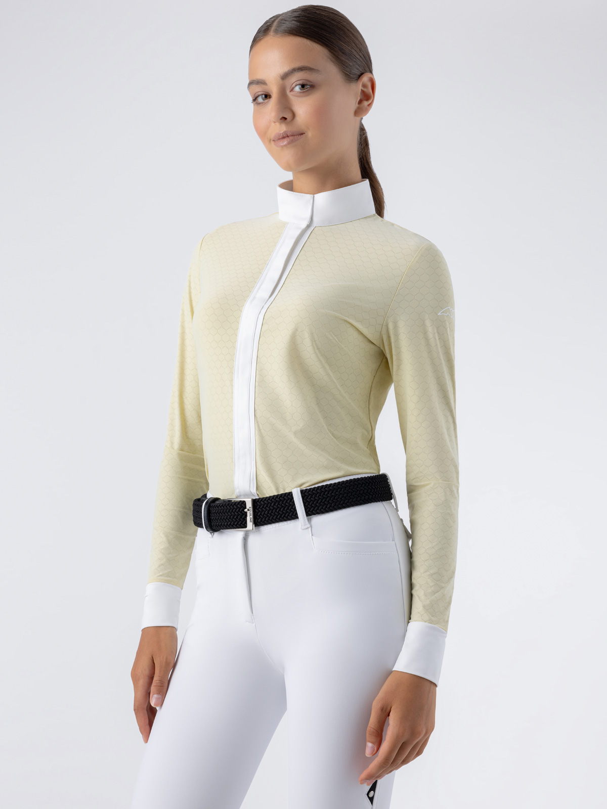 Equiline EQTOCK - Women's Long-Sleeve Show Shirt, in yellow with white collar. front view